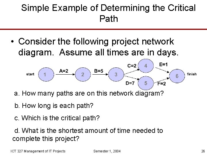 Simple Example of Determining the Critical Path • Consider the following project network diagram.