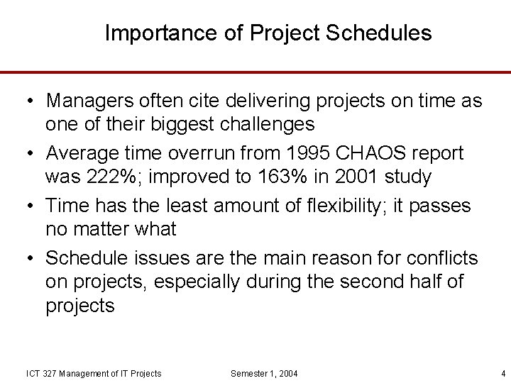 Importance of Project Schedules • Managers often cite delivering projects on time as one