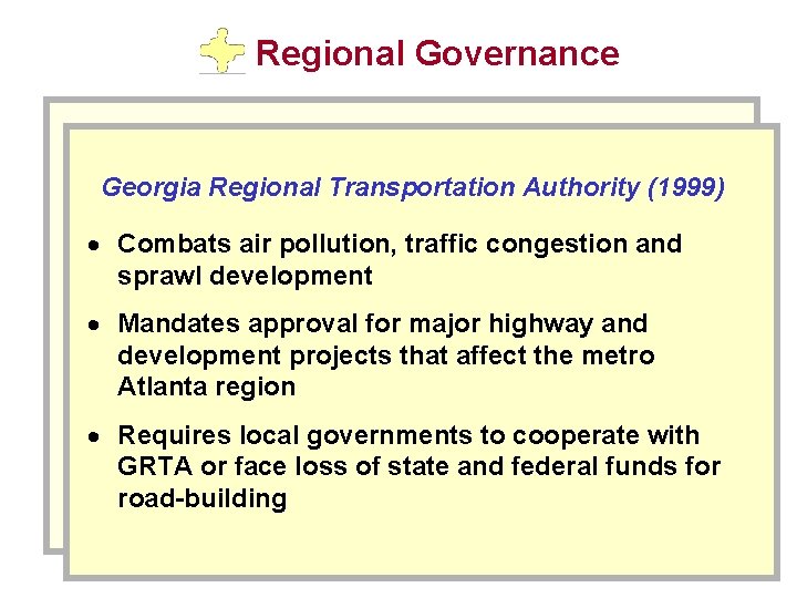 Regional Governance Georgia Regional Transportation Authority (1999) · Combats air pollution, traffic congestion and