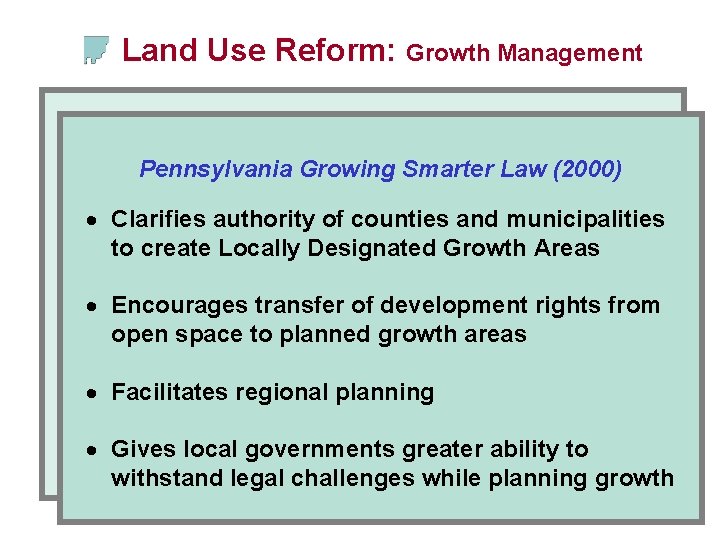 Land Use Reform: Growth Management Pennsylvania Growing Smarter Law (2000) · Clarifies authority of