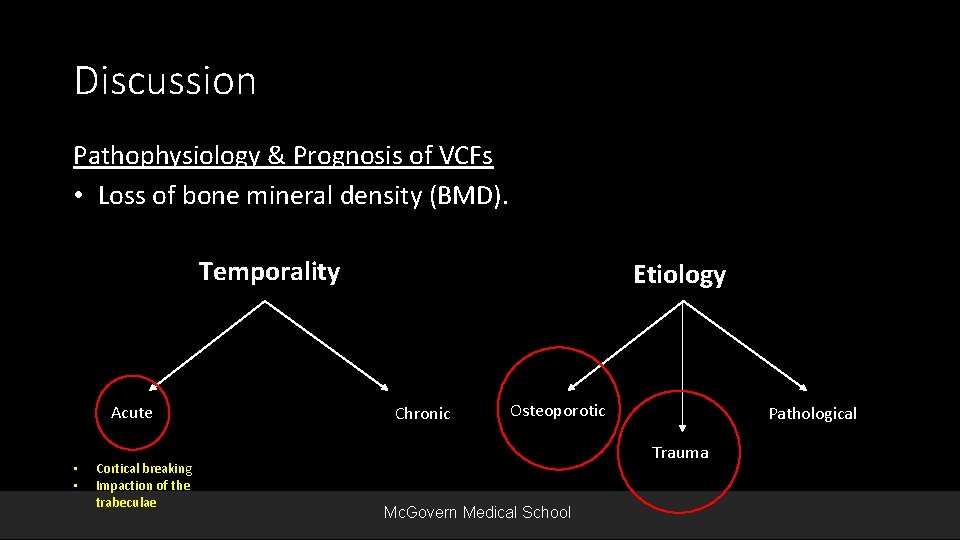 Discussion Pathophysiology & Prognosis of VCFs • Loss of bone mineral density (BMD). •