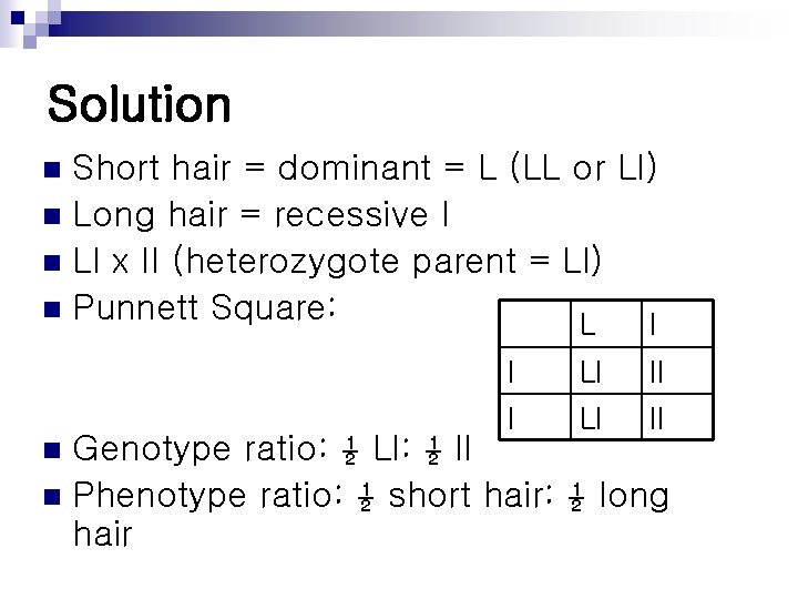 Solution Short hair = dominant = L (LL or Ll) n Long hair = Solution Short hair = dominant = L (LL or Ll) n Long hair =
