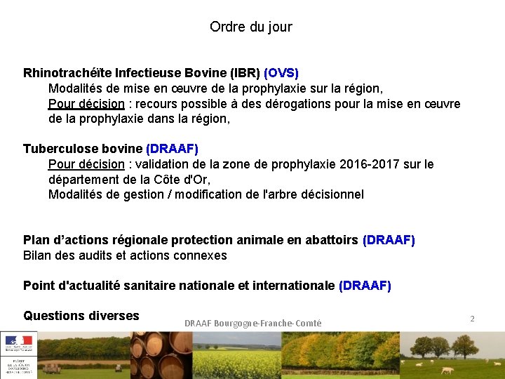 Ordre du jour Rhinotrachéïte Infectieuse Bovine (IBR) (OVS) Modalités de mise en œuvre de