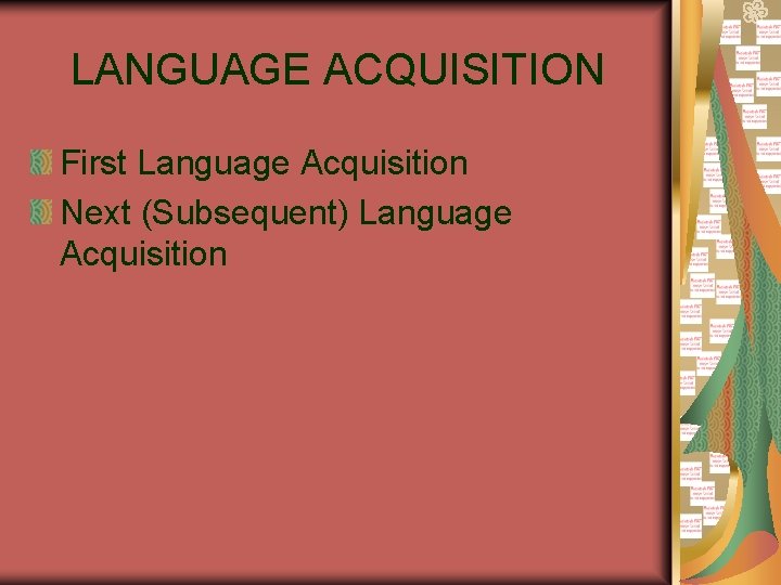 LANGUAGE ACQUISITION First Language Acquisition Next (Subsequent) Language Acquisition 
