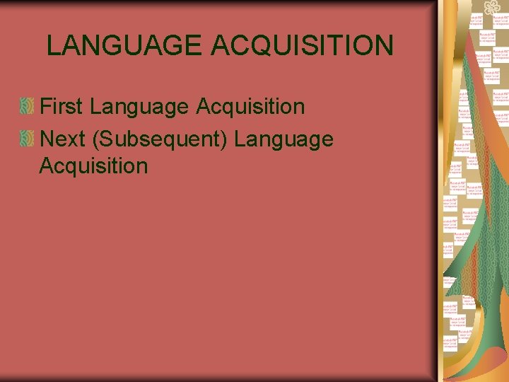 LANGUAGE ACQUISITION First Language Acquisition Next (Subsequent) Language Acquisition 