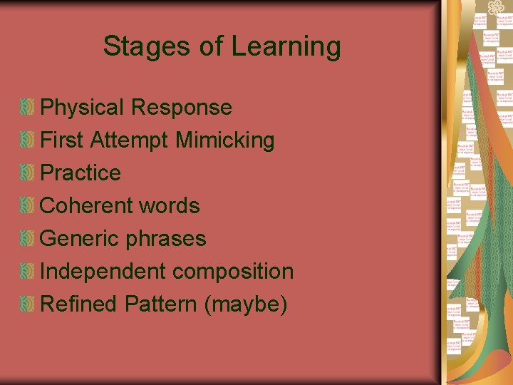 Stages of Learning Physical Response First Attempt Mimicking Practice Coherent words Generic phrases Independent