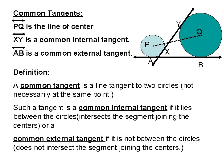 Common Tangents: Y PQ is the line of center XY is a common internal