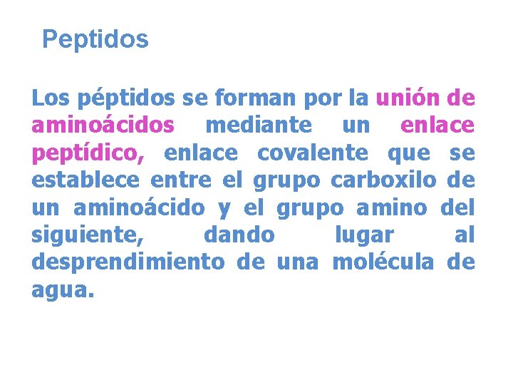 Peptidos Los péptidos se forman por la unión de aminoácidos mediante un enlace peptídico,