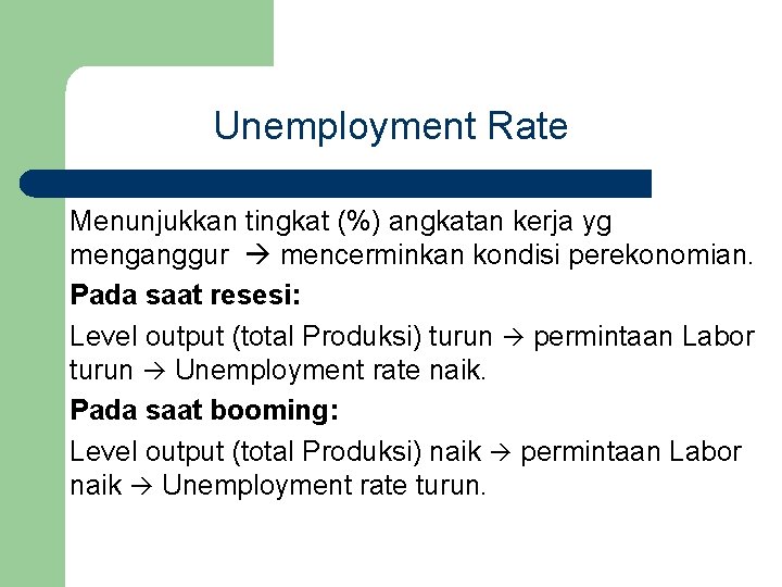 Unemployment Rate Menunjukkan tingkat (%) angkatan kerja yg menganggur mencerminkan kondisi perekonomian. Pada saat