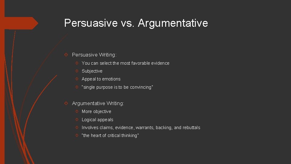 Persuasive vs. Argumentative Persuasive Writing: You can select the most favorable evidence Subjective Appeal