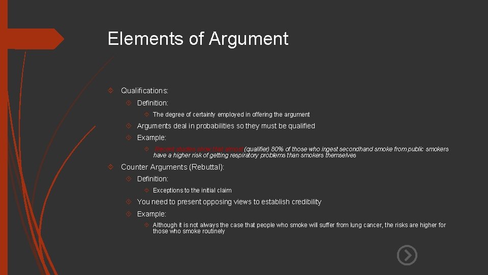 Elements of Argument Qualifications: Definition: The degree of certainty employed in offering the argument