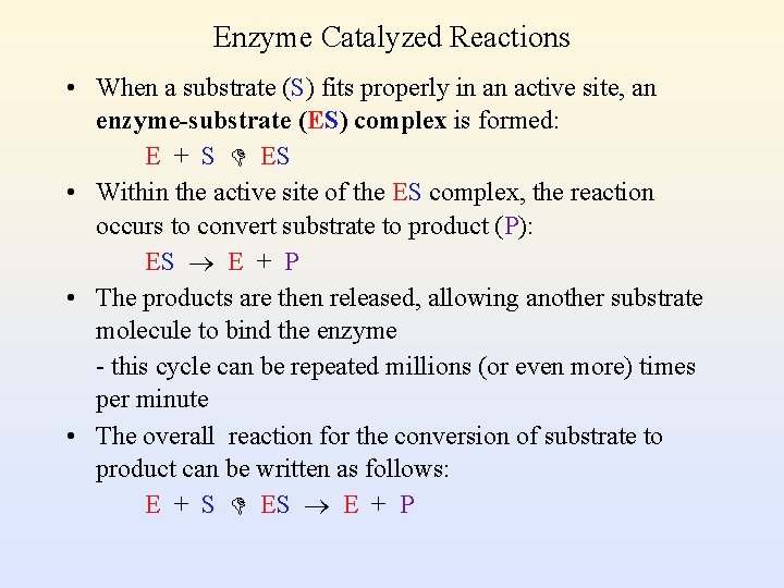 Enzyme Catalyzed Reactions • When a substrate (S) fits properly in an active site,