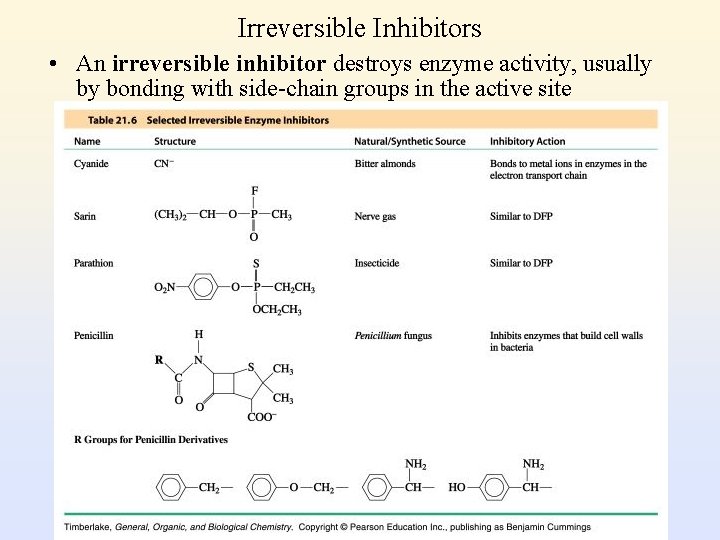 Irreversible Inhibitors • An irreversible inhibitor destroys enzyme activity, usually by bonding with side-chain