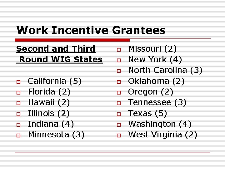 Work Incentive Grantees Second and Third Round WIG States o o o o o