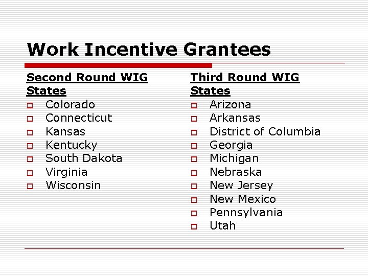Work Incentive Grantees Second Round WIG States o Colorado o Connecticut o Kansas o