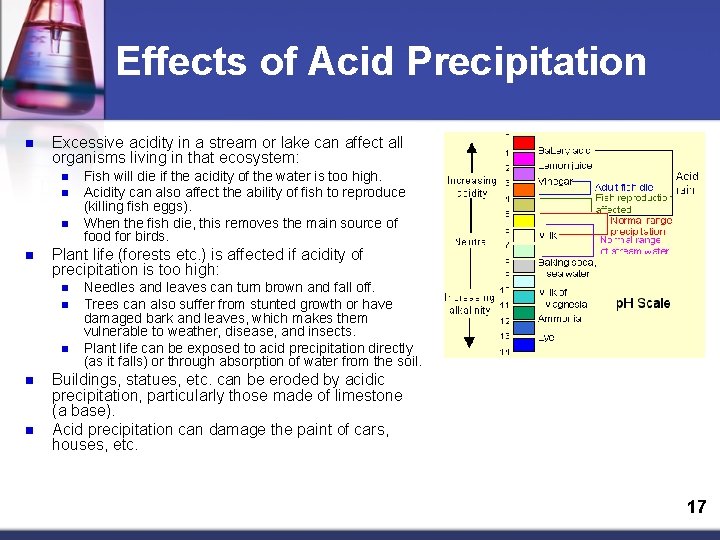 Effects of Acid Precipitation n Excessive acidity in a stream or lake can affect