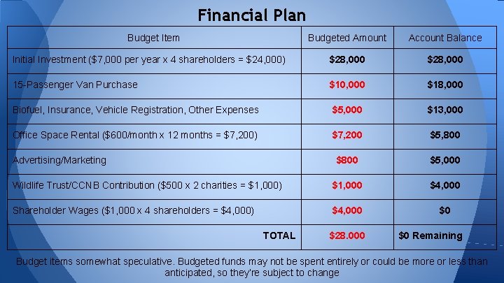 Financial Plan Budget Item Budgeted Amount Account Balance Initial Investment ($7, 000 per year