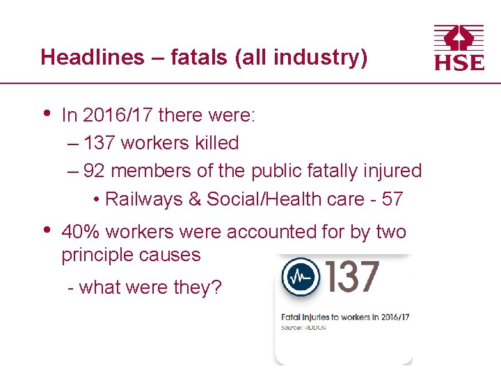 Headlines – fatals (all industry) • In 2016/17 there were: – 137 workers killed