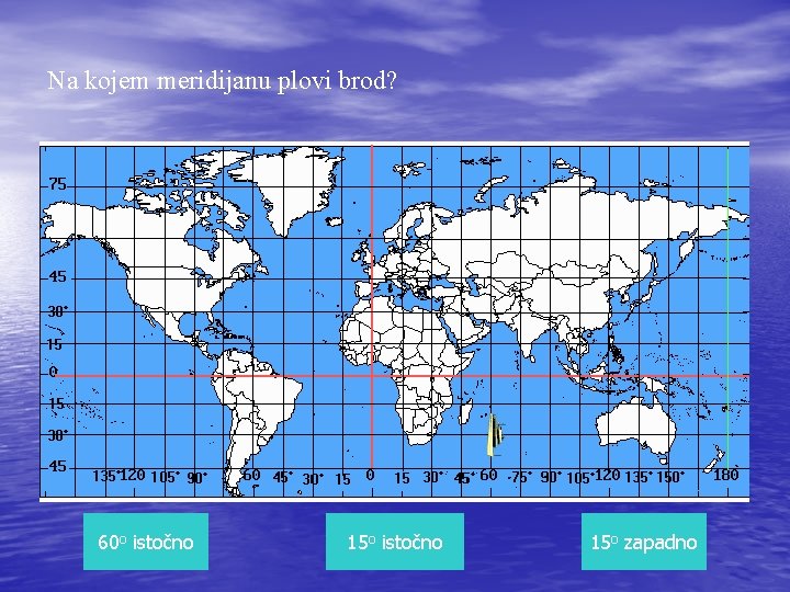 Na kojem meridijanu plovi brod? 60 o istočno 15 o zapadno 