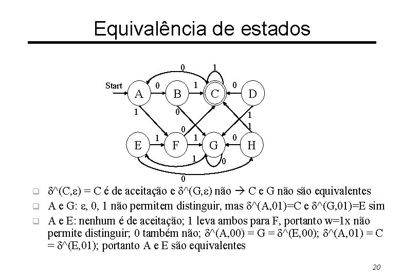 Equivalência de estados 0 Start A 0 1 E B 1 1 0 C