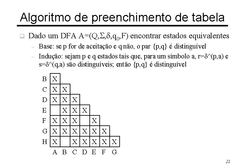 Algoritmo de preenchimento de tabela q Dado um DFA A=(Q, , , q 0,