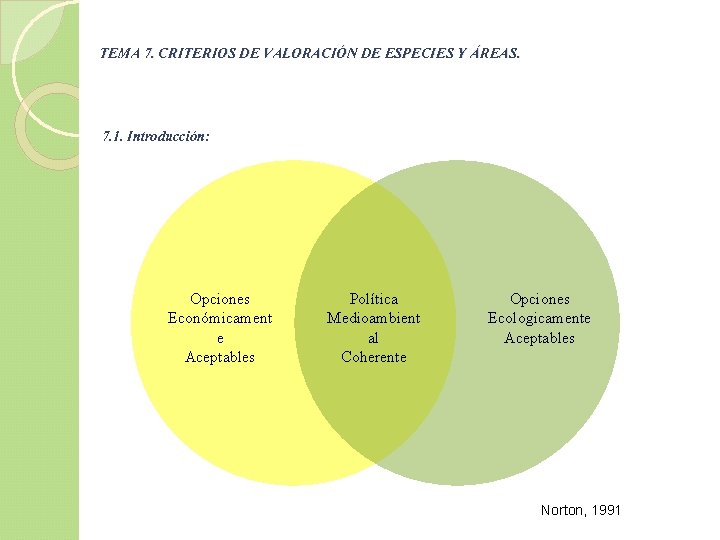 TEMA 7. CRITERIOS DE VALORACIÓN DE ESPECIES Y ÁREAS. 7. 1. Introducción: Opciones Económicament