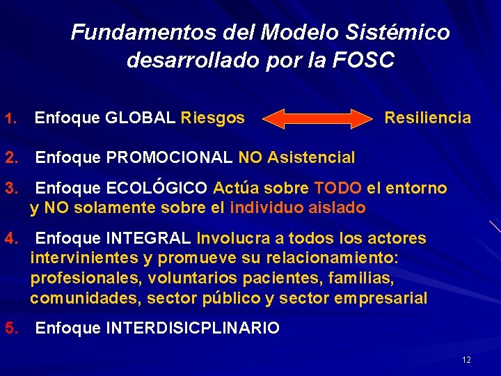 Fundamentos del Modelo Sistémico desarrollado por la FOSC 1. Enfoque GLOBAL Riesgos Resiliencia 2.