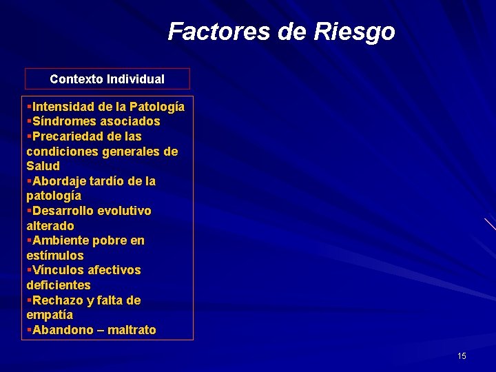 Factores de Riesgo Contexto Individual §Intensidad de la Patología §Síndromes asociados §Precariedad de las