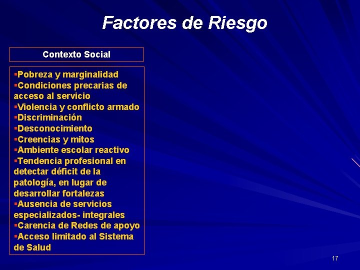 Factores de Riesgo Contexto Social §Pobreza y marginalidad §Condiciones precarias de acceso al servicio