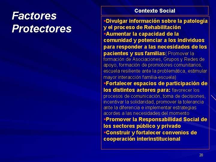 Factores Protectores Contexto Social §Divulgar información sobre la patología y el proceso de Rehabilitación