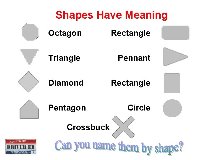 Shapes Have Meaning Octagon Rectangle Triangle Pennant Diamond Rectangle Pentagon Circle Crossbuck 