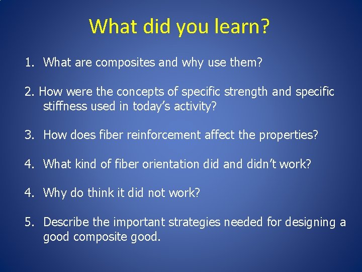 What did you learn? 1. What are composites and why use them? 2. How