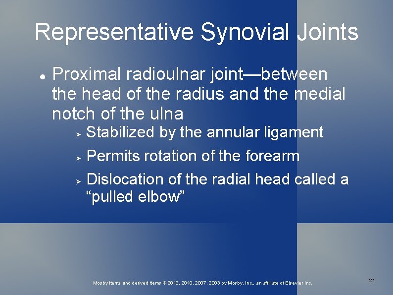 Representative Synovial Joints Proximal radioulnar joint—between the head of the radius and the medial
