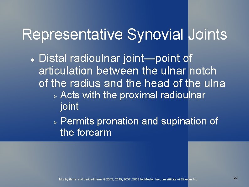 Representative Synovial Joints Distal radioulnar joint—point of articulation between the ulnar notch of the