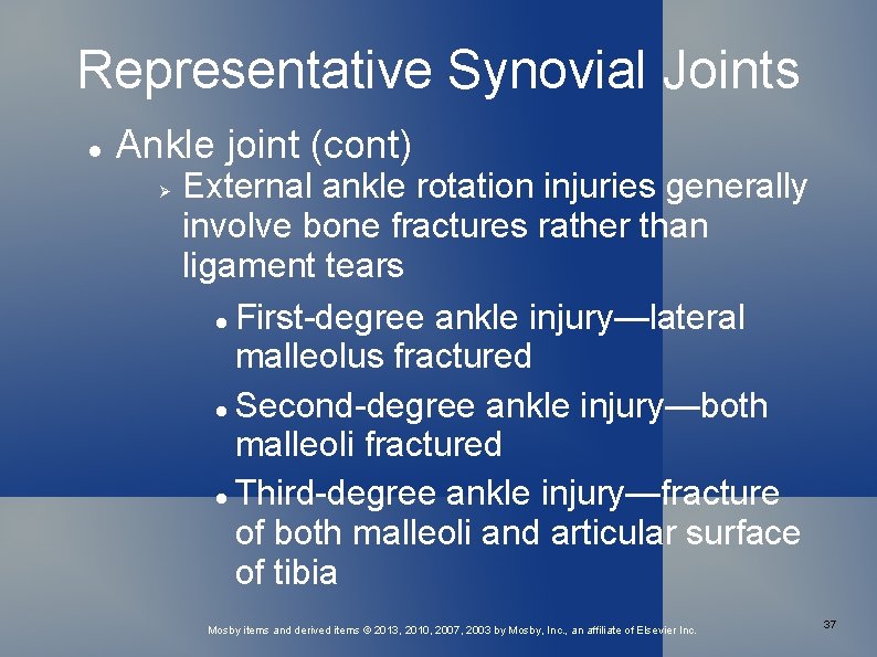 Representative Synovial Joints Ankle joint (cont) External ankle rotation injuries generally involve bone fractures