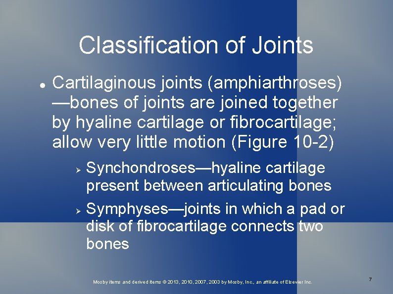 Classification of Joints Cartilaginous joints (amphiarthroses) —bones of joints are joined together by hyaline
