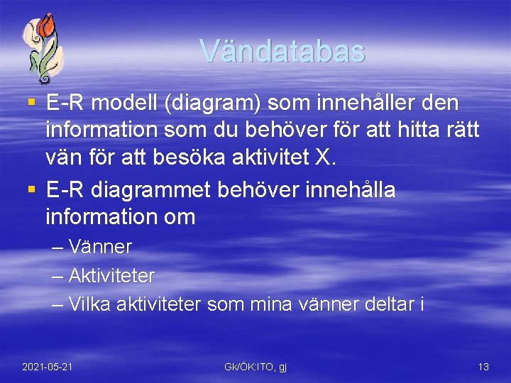 Vändatabas § E-R modell (diagram) som innehåller den information som du behöver för att