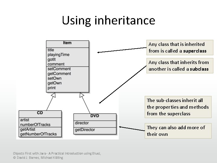 Using inheritance Any class that is inherited from is called a superclass Any class