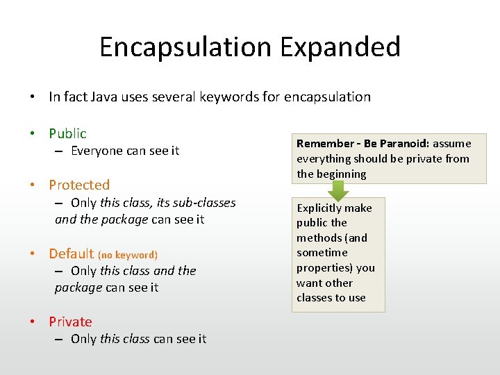 Encapsulation Expanded • In fact Java uses several keywords for encapsulation • Public –