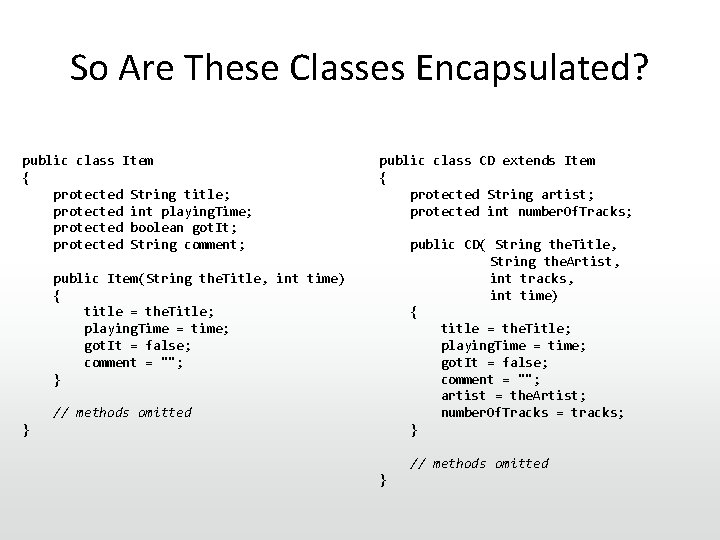 So Are These Classes Encapsulated? public class Item { protected String title; protected int