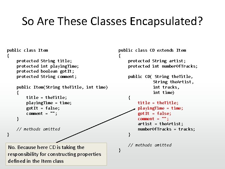 So Are These Classes Encapsulated? public class Item { protected String title; protected int