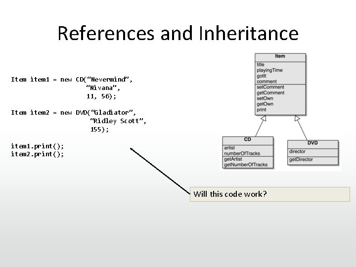 References and Inheritance Item item 1 = new CD(“Nevermind”, “Nivana”, 11, 56); Item item