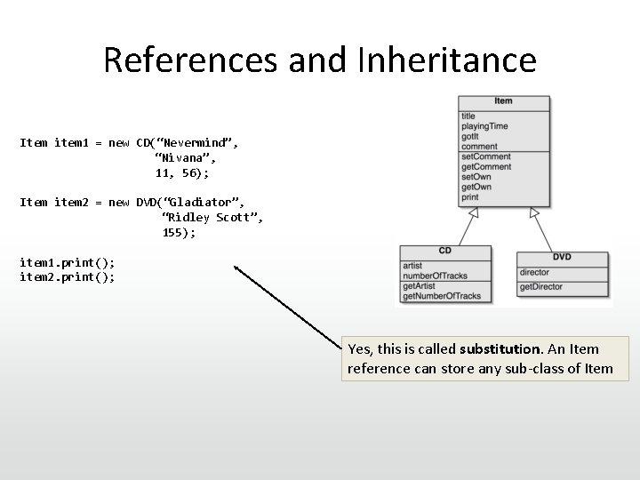 References and Inheritance Item item 1 = new CD(“Nevermind”, “Nivana”, 11, 56); Item item