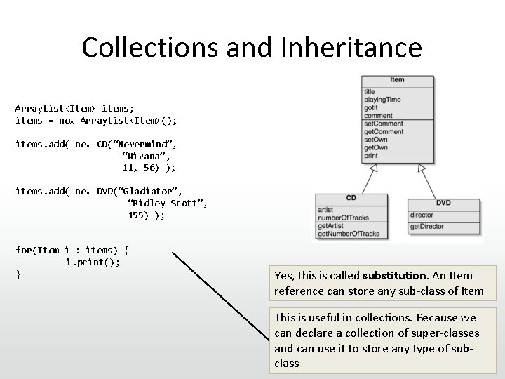 Collections and Inheritance Array. List<Item> items; items = new Array. List<Item>(); items. add( new