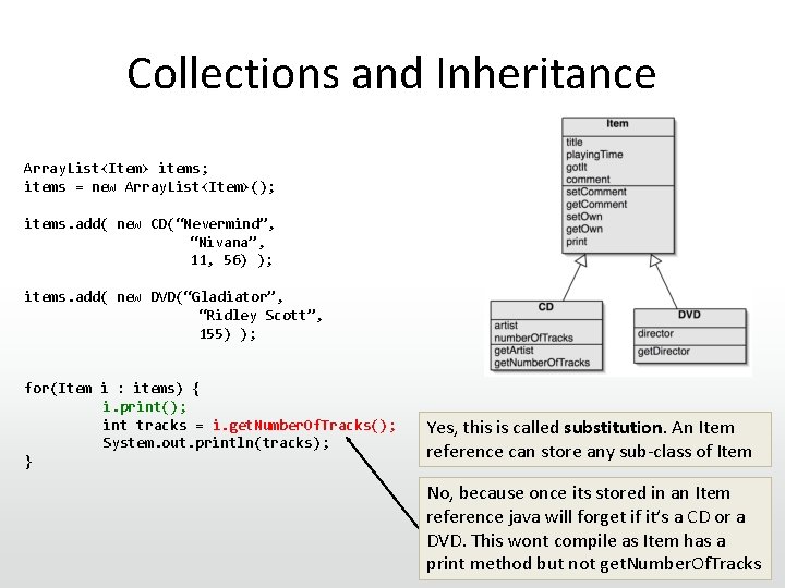 Collections and Inheritance Array. List<Item> items; items = new Array. List<Item>(); items. add( new