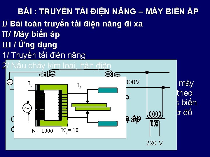 BÀI : TRUYỀN TẢI ĐIỆN NĂNG – MÁY BIẾN ÁP I/ Bài toán truyền