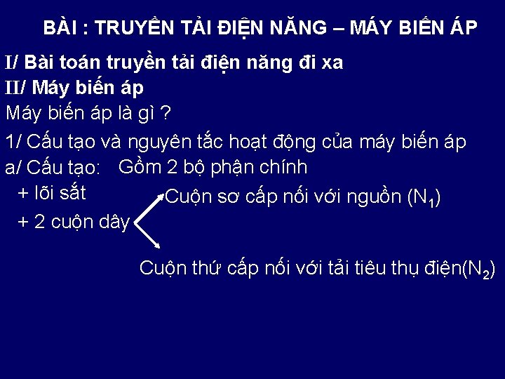 BÀI : TRUYỀN TẢI ĐIỆN NĂNG – MÁY BIẾN ÁP I/ Bài toán truyền