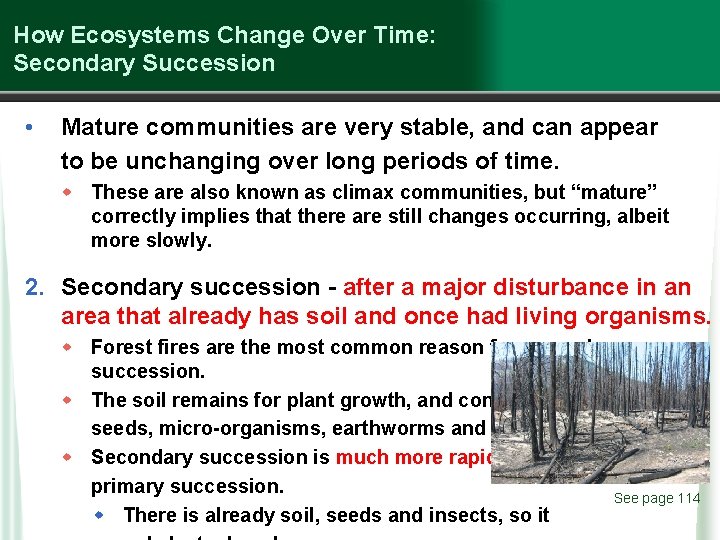 How Ecosystems Change Over Time: Secondary Succession • Mature communities are very stable, and