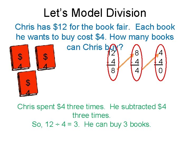 Let’s Model Division Chris has $12 for the book fair. Each book he wants