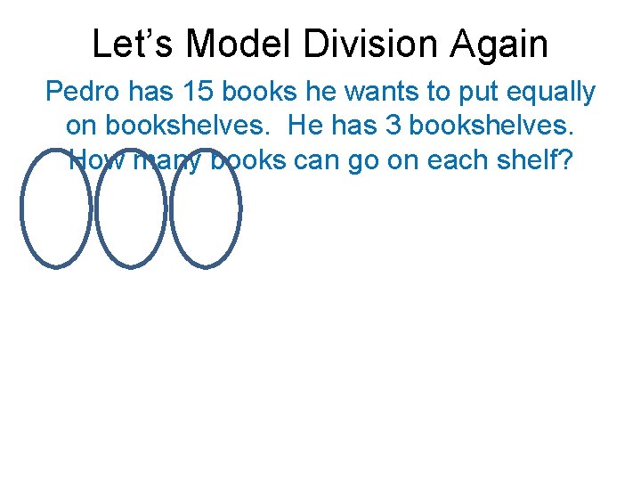 Let’s Model Division Again Pedro has 15 books he wants to put equally on